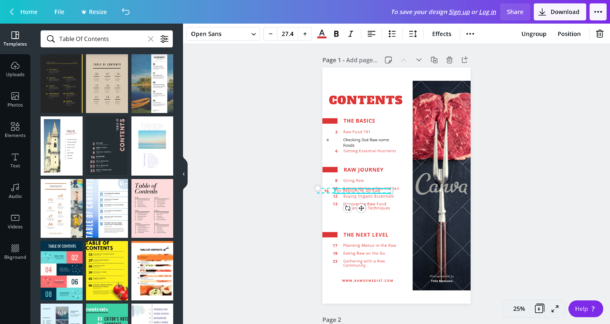 table of content in canva